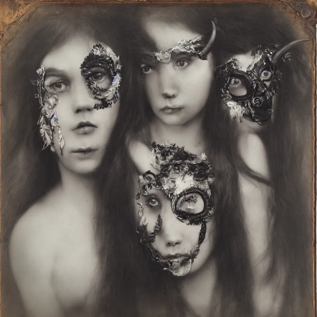 Image similar to tintype of an iridescent girl with black goat mask, hyperrealistic, detailed