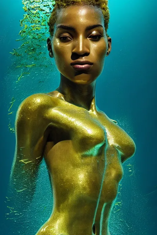 Image similar to hyperrealistic neo - modern cinematic half underwater scene with fish and algae, very expressive! translucent elegant african goddess getting out of water, gold jewerly, highly detailed face, digital art masterpiece, aykut aydogdu zener, dramatic volumetric light, long shot, low angle uhd 8 k, sharp focus