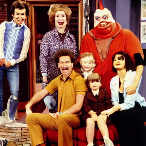 Image similar to vintage 1 9 8 0's sitcom publicity photo, a happy photogenic family and a large giant evil demonic horrifying angry detailed monstrous demon creature inside a 1 9 8 0's sitcom living room