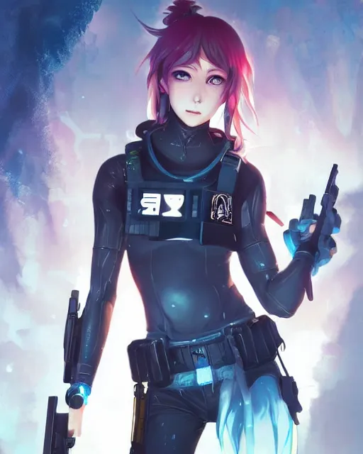 Prompt: nami, anime key visual of a young female swat officer, neon, cyberpunk, futuristic, white top, black vest, stunning, highly detailed, digital painting, smooth, soft focus, illustration, 4 k digital art from artstation by artgerm and greg rutkowski and alphonse mucha