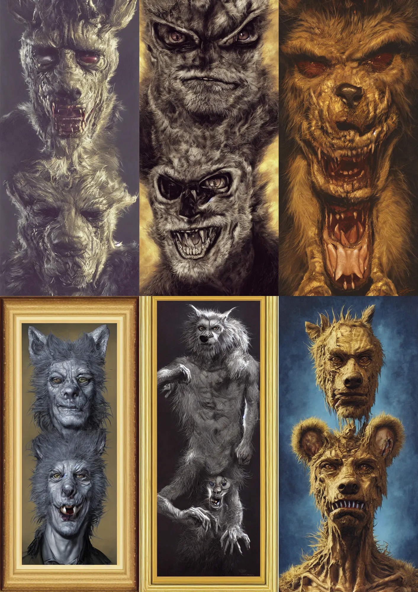 Prompt: a portrait of steve buscemi as a furry monster by Gerald Brom , Craig mullins r, dutch angle, gold Framed, 8k