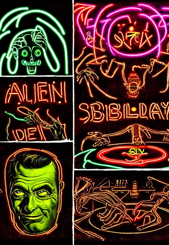 Image similar to subgenius, x - day, aliens, weird stuff, occult stuff, devil stuff, neon, hyperrealism, dramatic lighting