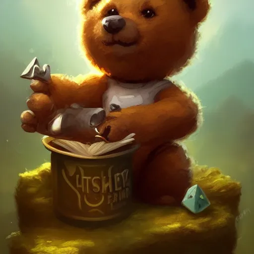 Image similar to cute little anthropomorphic Teddy Bear smoking weed, cover art, ultra wide lens shot , tiny, small, short, cute and adorable, pretty, beautiful, DnD character art portrait, matte fantasy painting, DeviantArt Artstation, by Jason Felix by Steve Argyle by Tyler Jacobson by Peter Mohrbacher, cinematic lighting
