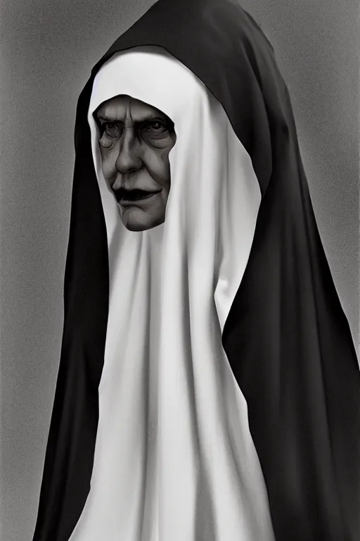 Image similar to portrait, digital painting, an evil nun, black habit, realistic, hyperdetailed, spooky, chiaroscuro, black background, concept art, art by jacek malczewski