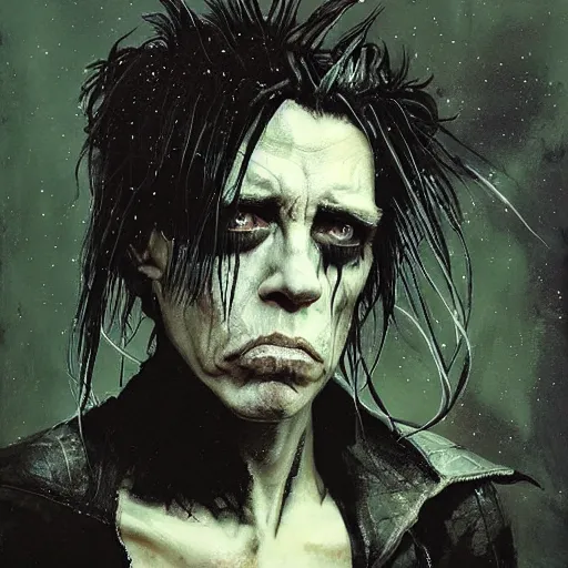 Prompt: stunning portrait of gaunt iggy pop a ( the cure fan ) as dream from sandman, dim stars as eyes, by jeremy mann, by cedric peyravernay, by by russ mills, by richard avedon and ben templesmith, dramatic lightning, sadness, dark eye sockets, in the shadows, punk rock, gothic, high detailed, 8 k