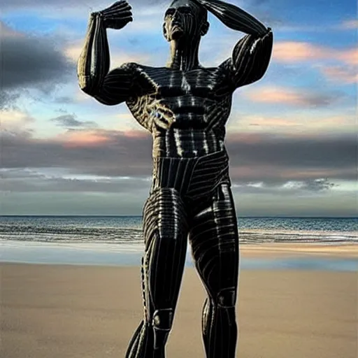 Image similar to “a realistic detailed photo of a guy who is an attractive humanoid who is half robot and half humanoid, who is a male android, Mike the Situation, shiny skin, posing like a statue, blank stare, at the beach, on display”