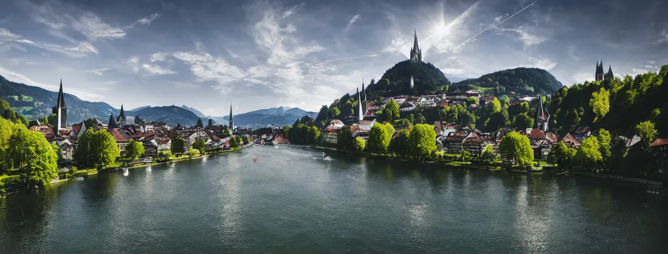 Image similar to Photo of Zurich, looking down the river at the lake and the alps, Hardturm, Grossmünster, wide angle, trees, volumetric light, hyperdetailed, caribean water, artstation, cgsociety, 8k