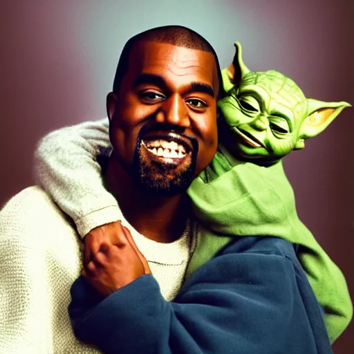 Image similar to kanye west smiling and holding yoda yoda for a 1 9 9 0 s sitcom tv show, studio photograph, portrait