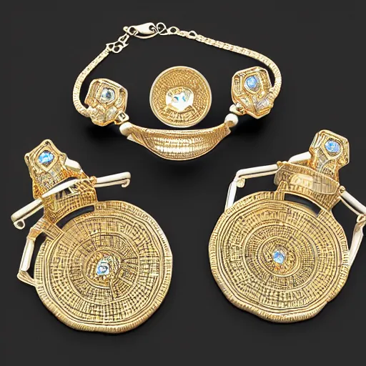 Prompt: jewelry inspired by leonardo da vinci , symmetrical, high detail, product photo