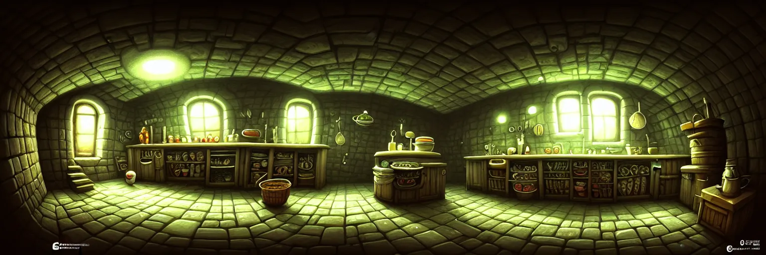 Prompt: underground basement, dark dark dark walls, fisheye spiral, naive, extra narrow, detailed illustration of a kitchen, large floor, by gediminas pranckevicius, trending artstation, tavern