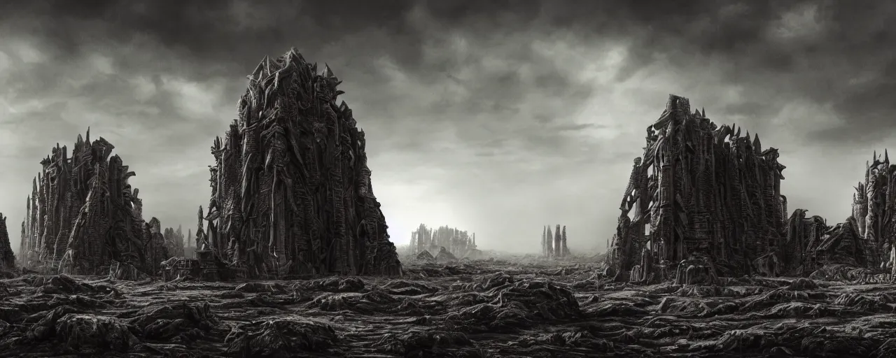 Image similar to a large ominous and geometric ruins of an alien civilization built on a barren dry land with an epic cloud formation on the background by HR GIger, Dariusz Zawadzki, Neil blevins, Feng Zhu, gustave doré, zhuoxin ye, very detailed, octane render, 8k, oranate and brooding, scary and dark, canon 24mm lens