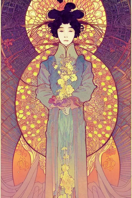 Image similar to phoenix, victo ngai style, alfons mucha ， from china, style of studio ghibli, chinese style