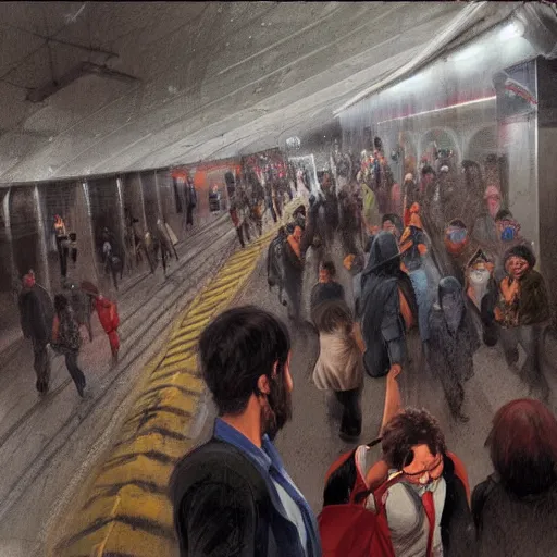 Prompt: commuters in the rush hour at the platform of an underground santiago metro station in direction to nowhere, by raoul ruiz, esao andrews and greg rutkowski