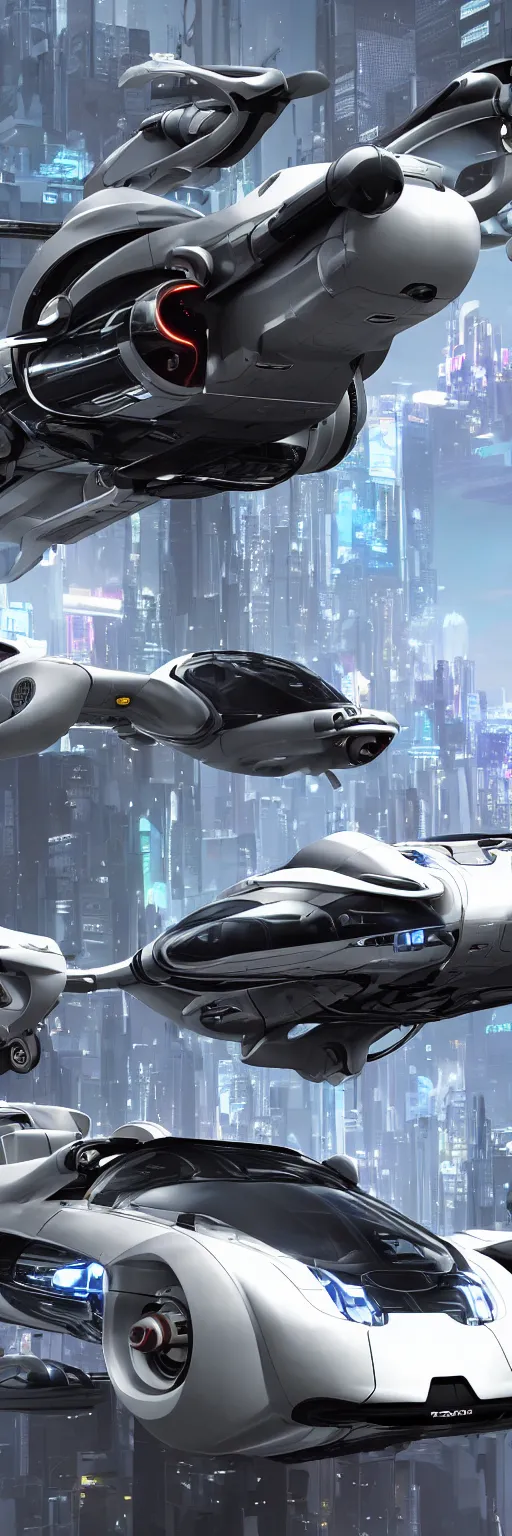 Image similar to octane render of new cyberpunk flying hover version of Renault sandero from 2077 in the city of future by syd mead