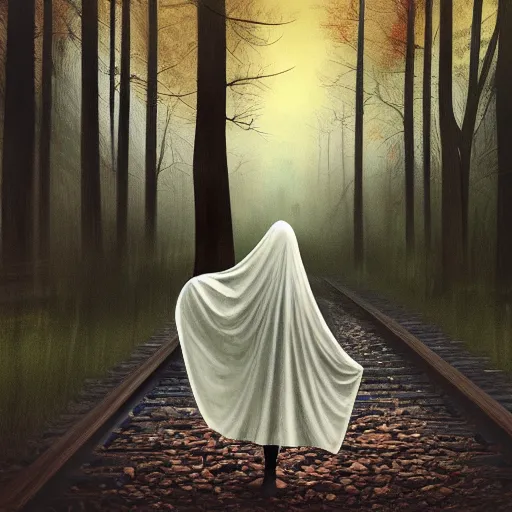 Prompt: ominous bedsheet ghost standing near train tracks in the forest, oil painting, brush strokes, gloomy foggy atmosphere, symmetrical, full body image, highly ornate intricate details,