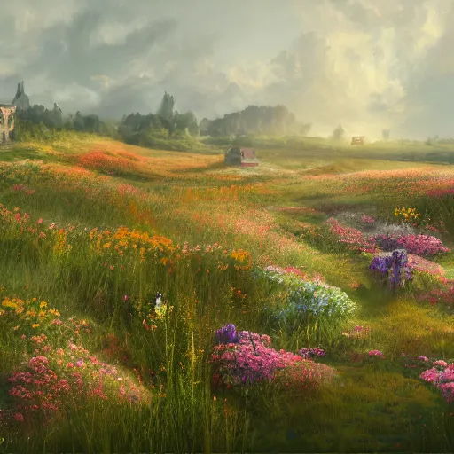 Image similar to a matte painting of a european prairie, cottage town, patchy flowers, oil painting, pale colors, high detail, 8 k, wide angle, trending on artstation,