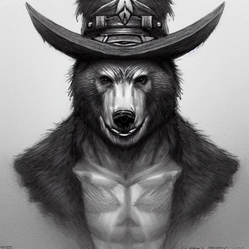 Image similar to dashing charming grinning charismatic bear beast-man rogue, wearing captain's tricorne hat, naval background, amazing, lifelike award winning pencil illustration trending on art station artgerm Greg rutkowski cinematic