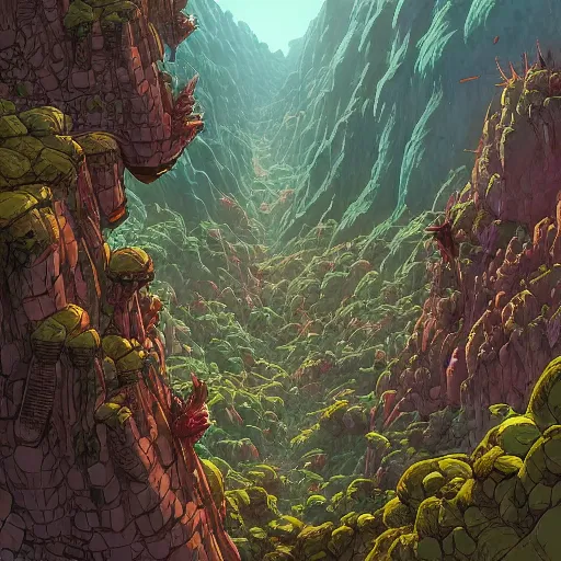 Image similar to cell shaded adult animation, a birds eye view overlooking a walled off ancient fantasy city being attacked by horrific monsters, surrounded by mountains and trees of greens and browns, rivers, the monsters are puring through the valley, concept art by josan gonzales and wlop, Laurie Greasley, Jordan Grimmer, Beksiński and james jean, highly detailed, sharp focus, Trending on Artstation, HQ, deviantart, art by artgem