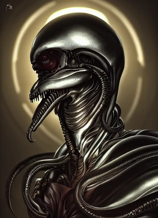 Image similar to xenomorph vogue portrait, artstation, cgsociety, dramatic studio lighting, very detailed, high contrast, intricate, detailed illustration, by artgerm and greg rutkowski and alphonse mucha, octane render, unreal engine, hyperrealism