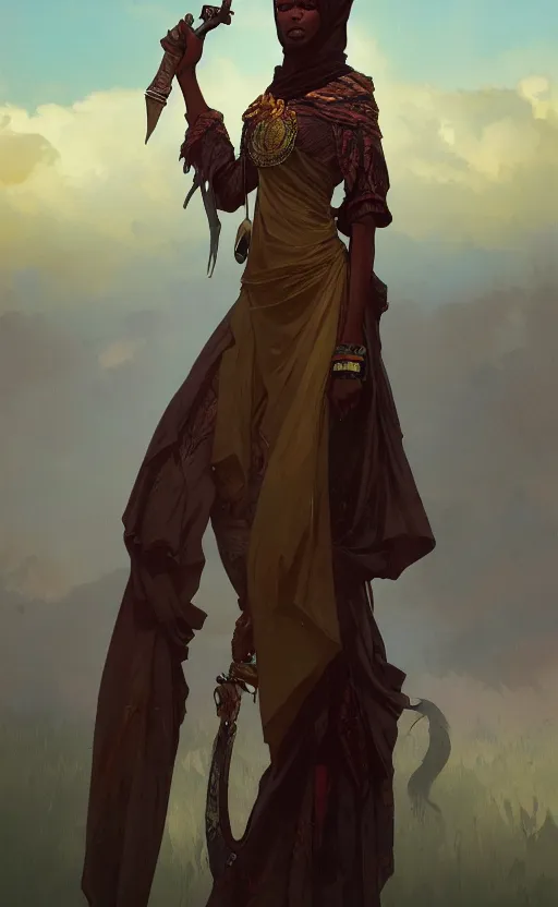 Image similar to a personification of the country somalia, highly detailed, digital painting, artstation, concept art, sharp focus, illustration, art by greg rutkowski and alphonse mucha