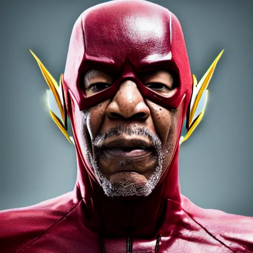 Prompt: realistic photo of Morgan Freeman as The Flash, heroic pose, white fog, key lighting, octane render