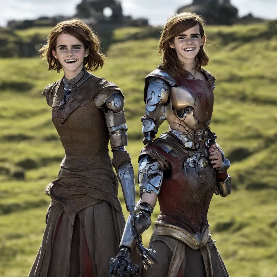 Image similar to Joyful!!! smiling Emma Watson wearing cyborg prosthetic in the style of Her (2013). Clear Hands. Clear body. Clear Clothes. Hobbiton as Background. Cinematic. Professional Photo. UHD. 8k. Clear Face.