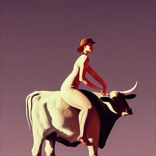 Prompt: A woman with tight dress riding a cow, very coherent, painted by Edward Hopper, Wayne Barlowe, painted by James Gilleard, airbrush, art by JamesJean