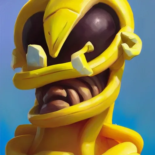 Image similar to greg manchess portrait painting of peely the humanoid banana from fortnite as overwatch character, medium shot, asymmetrical, profile picture, organic painting, sunny day, matte painting, bold shapes, hard edges, street art, trending on artstation, by huang guangjian, gil elvgren, ruan jia, greg rutkowski, gaston bussiere