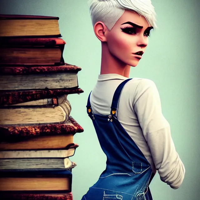 Image similar to full body pose, beautiful adult fairy, pixar, short white hair shaved sides, dirty, grungy, grunge, long sleeve, painted overalls, stacks of giant books, highly detailed, 4 k, hdr, smooth, sharp focus, high resolution, award - winning photo, artgerm, photorealistic