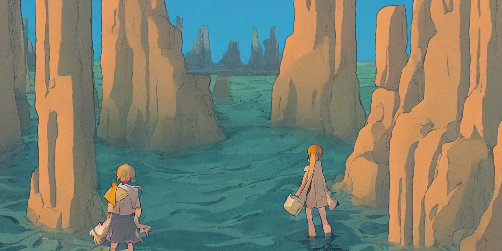 Prompt: a realistic cell - shaded studio ghibli concept art from paprika ( 2 0 0 6 ) of a tan aquatic human from close encounters of the third kind ( 1 9 7 7 ) in a flooded monument valley stonehenge. very dull colors, wide shot, hd, 4 k, hq