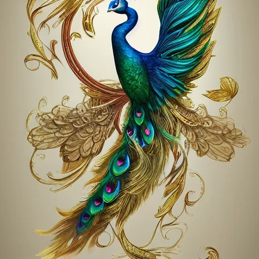 Prompt: beautiful classical holy decorative ornament, sacred peacock, wings spread, feathers, acanthus scrolls, lilies, ivy, energy, geometry, bones, petals, stems, ceremonial clouds, dripping paint, fibonacci rhythm, artstation, artgerm, wlop