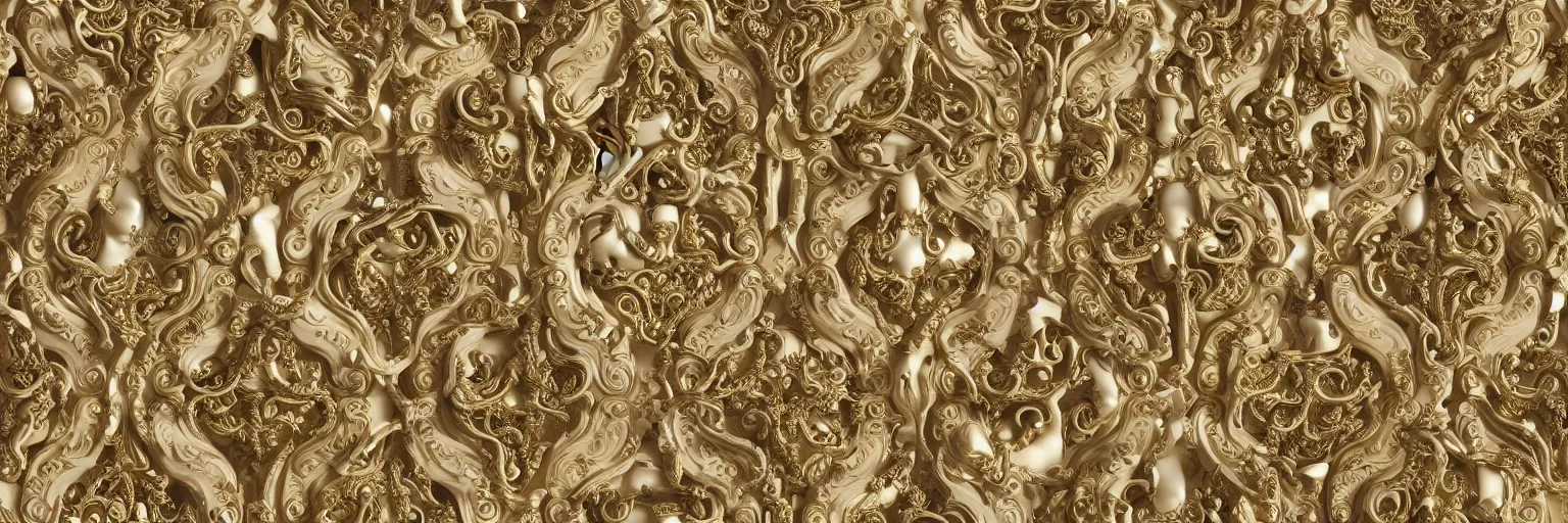 Prompt: seamless pattern of beautiful cybernetic baroque robot, beautiful baroque porcelain face + body is clear plastic, inside organic robotic tubes and parts, damask patern, front facing, wearing translucent baroque rain jacket, carved polished gold rococo panel + symmetrical composition + intricate details, hyperrealism, wet, reflections + by alfonse mucha, no blur