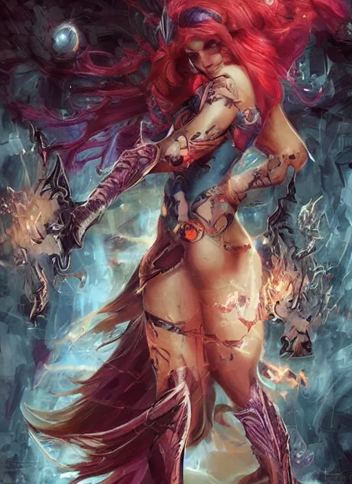 Image similar to front portrait hands behinds pose of attractive Starfire with ginger wavy hair , hands behind her pose!, Intricate overlay flames imagery , D&D!, fantasy style, sharp focus!, ultra detailed, art by Artgerm and Peter Andrew Jones, WLUP