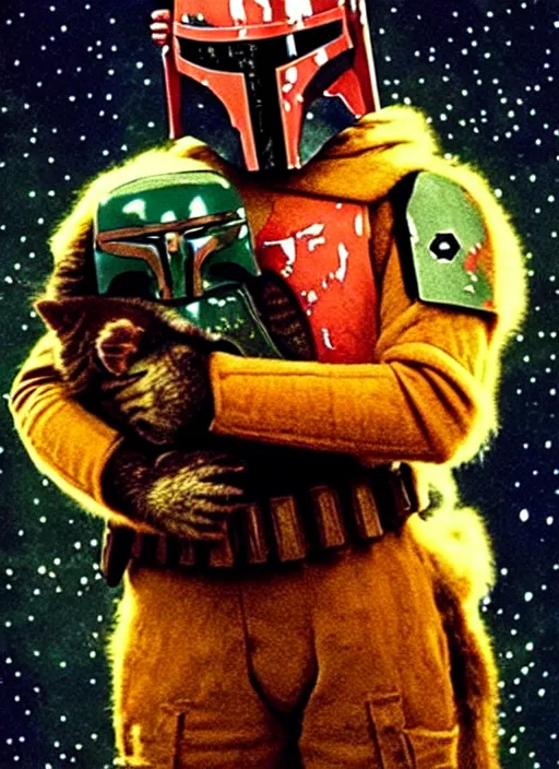 Image similar to boba fett holding a fat ginger cat in his arms, star wars, beautiful glowing lights, sci - fi, stunning, intricate, elegant. highly detailed, film still.