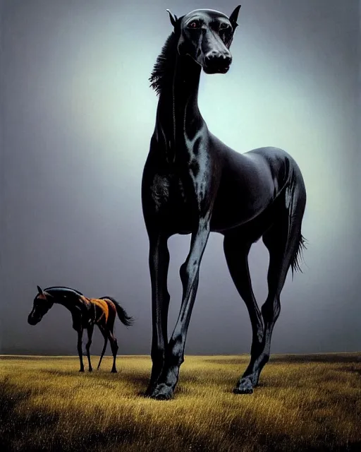 Image similar to painting of hybrid between black weimaraner & black stallion horse! & intercrossed animal, by zdzislaw beksinski, by mattias adolfsson, concept art, single object scene, beautiful composition, 8 k, wide angle shot, fast shutter, dslr camera,