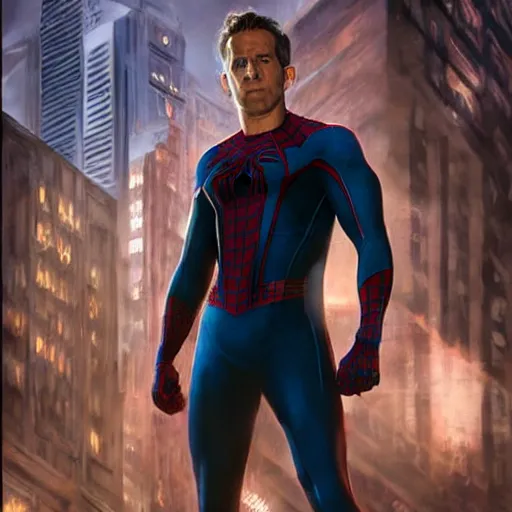 Image similar to ryan reynolds as spider - man, wearing a black and blue suit, cinematic, volumetric lighting, f 8 aperture, cinematic eastman 5 3 8 4 film, photorealistic by greg rutkowski, by stanley artgerm, by alphonse mucha