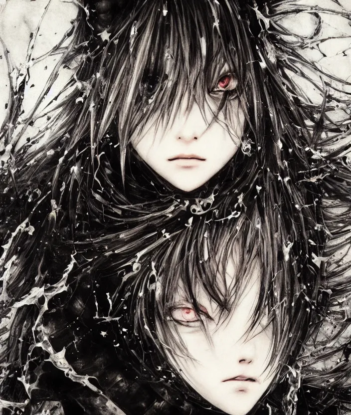 Image similar to Yoshitaka Amano realistic illustration of an anime girl with wavy white hair and cracks on her face wearing dark souls armour with the cape fluttering in the wind, abstract black and white patterns on the background, noisy film grain effect, highly detailed, Renaissance oil painting, weird portrait angle