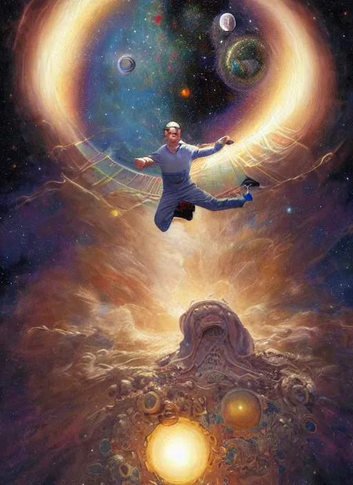 Prompt: george costanza flying through through the cosmos, cosmic horror painting, elegant intricate digital painting artstation concept art by mark brooks and brad kunkle detailed