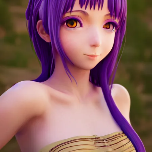Prompt: Render of a very beautiful 3d anime girl, long purple hair, beautiful eyes, cute freckles, full round face, short smile, cute sundress, golden hour, serene beach setting, medium shot, mid-shot, highly detailed, trending on Artstation, Unreal Engine 4k