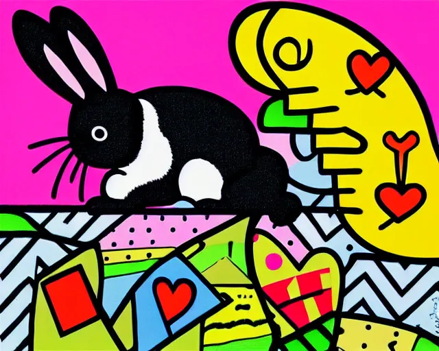 Image similar to a very cute netherland dwarf black bunny, art by romero britto