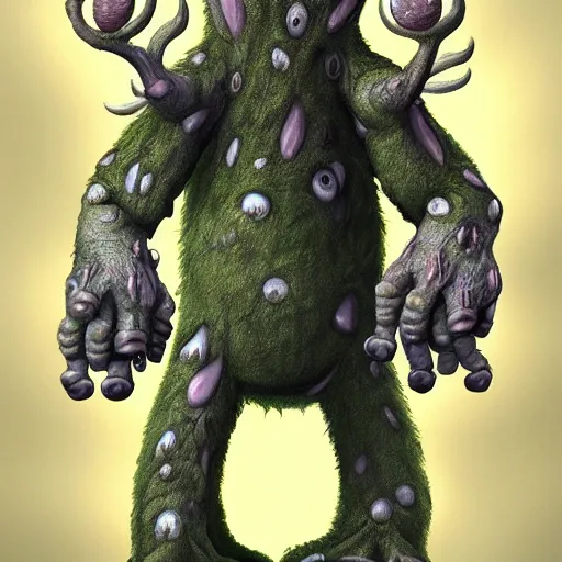 Image similar to cute furry anthropormorphic unusual alien treemonster with big eyes and leafy arms and legs character concept detailed painting 4 k