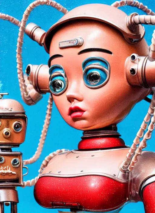 Prompt: highly detailed closeup, face profile portrait of a retro 1 9 5 0 s tin toy girl robot deep sea diver wearing a bikini, unreal engine, nicoletta ceccoli, mark ryden, earl norem, lostfish, global illumination, detailed and intricate environment