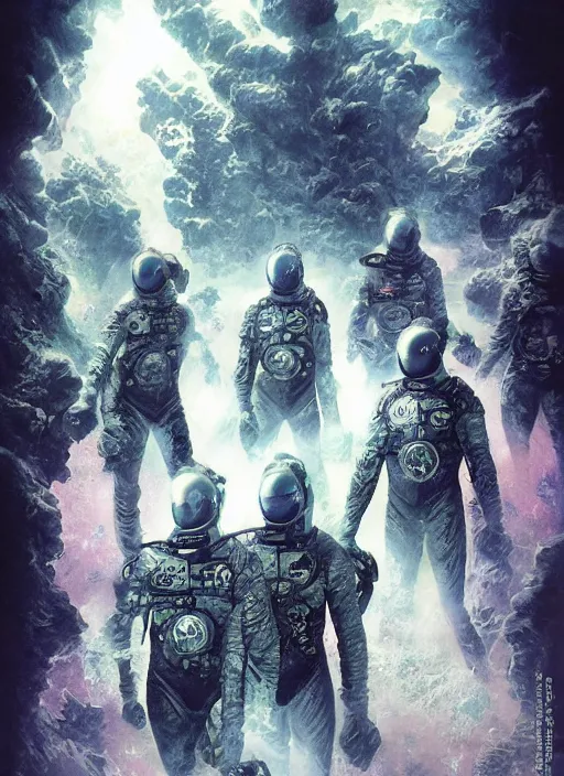 Image similar to astronauts divers in dark void underwater - complex and hyperdetailed technical suit design. reflection and dispersion materials. rays and dispersion of light. volumetric light. f / 3 2. noise film photo. flash photography. ultra realistic, 5 0 mm. poster by wayne barlowe, hajime sorayama aaron horkey, craig mullins