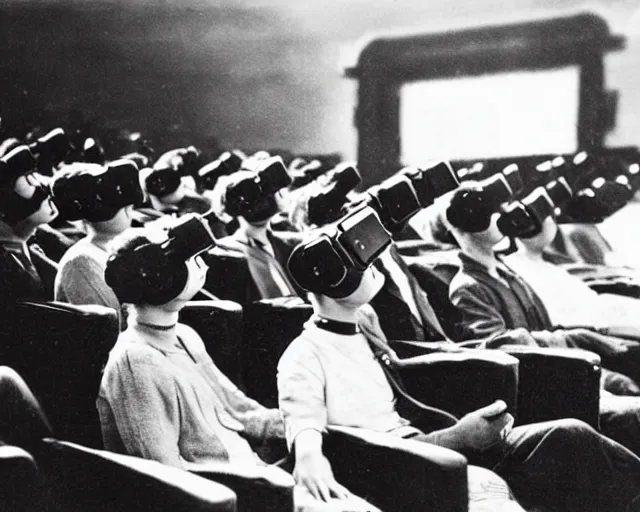 Image similar to 1 9 0 0 s photo of people using iphones ipods virtual reality headsets vr in a movie theater masterpiece