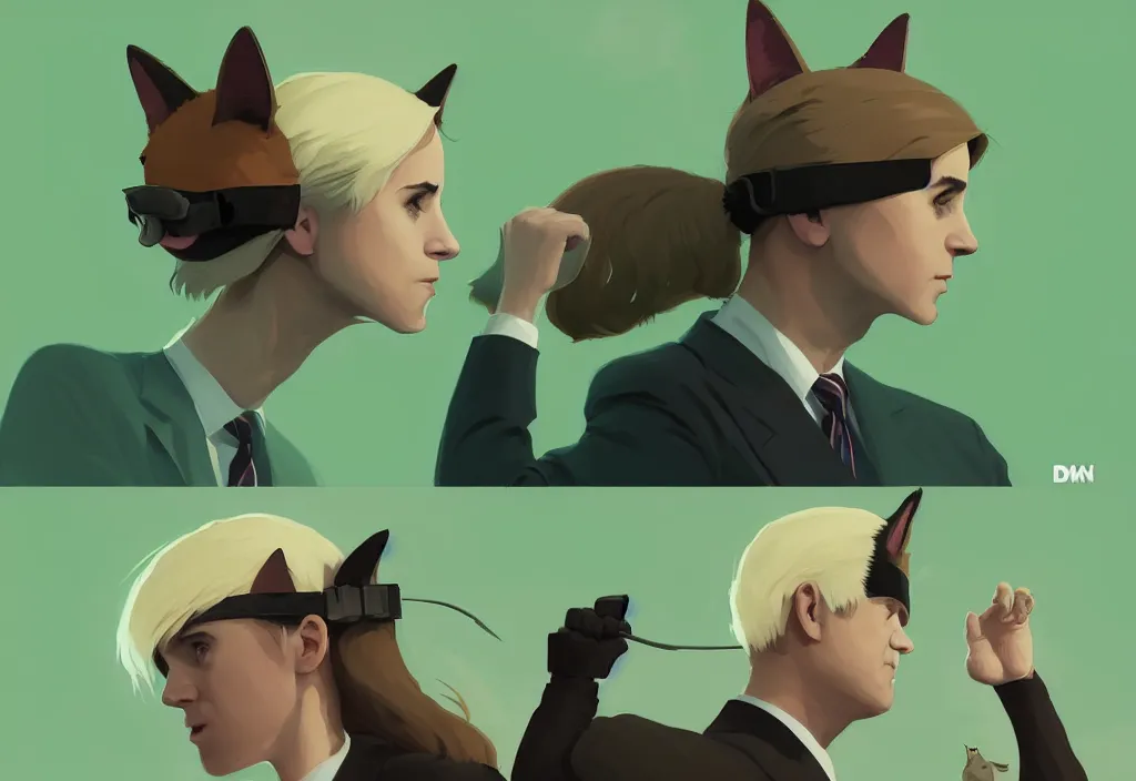 Image similar to joe biden and emma watson with cat ears, epic debates, presidental elections candidates, cnn, fox news, fantasy, by atey ghailan, by greg rutkowski, by greg tocchini, by james gilleard, by joe gb fenton, dynamic lighting, gradient light green, brown, blonde cream, salad and white colors in scheme, grunge aesthetic