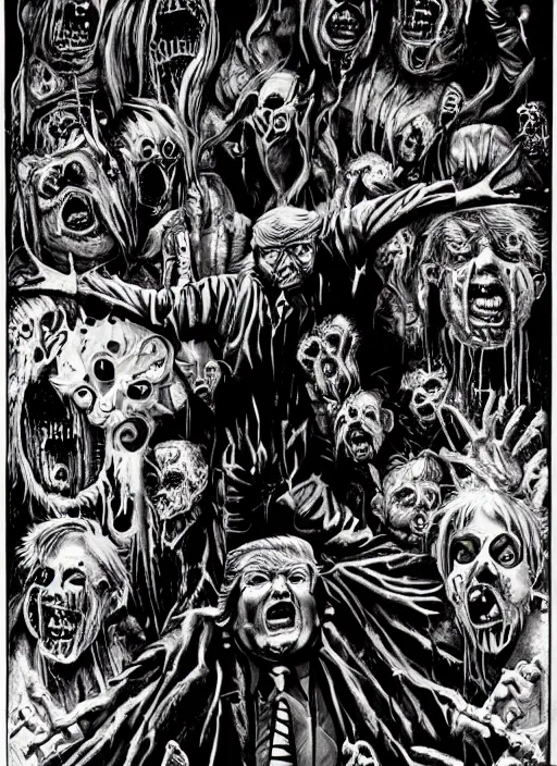 Image similar to donald trump's disgusting true form on a 1 9 9 0 s horror movie poster, inking, vintage 9 0 s print, detailed, scary, horror, screen print, trending on artstation