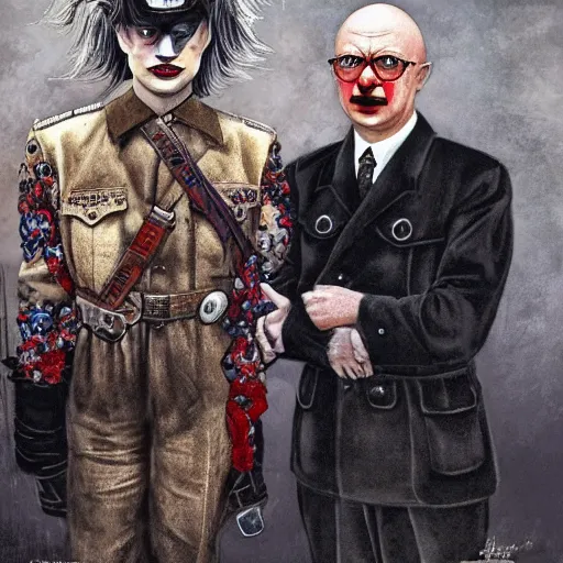 Prompt: UHD photorealistic detailed image of young Nazi Klaus Schwab and Hitler, both wearing extremely intricate clown costumes and detailed, intricate makeup by Ayami Kojima, Amano, Karol Bak, tonalism