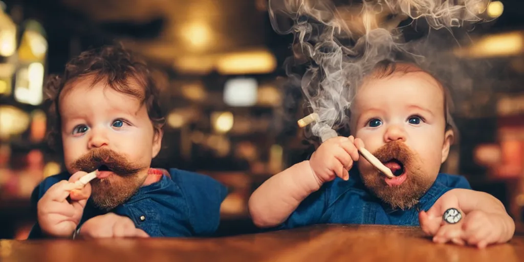 Image similar to a phtorealistic of an baby with a beard and mustache smoking a big cigar in a bar