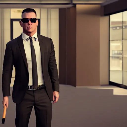 Prompt: channing tatum wearing sunglasses and a dark suit, holding a baseball bat, standing in lobby of office building, style of GTA V, octane render
