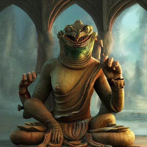 Image similar to argonian!!! buddha, praying meditating, epic fantasy concept art, octane render, artstation trending